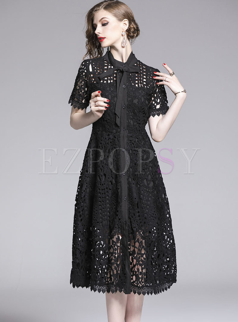 Lace Tied-collar Hollow Out Black Slim Skater Dress