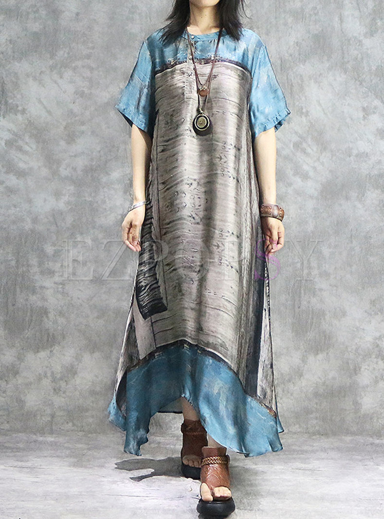 Print O-neck Asymmetric Maxi Dress With Cami
