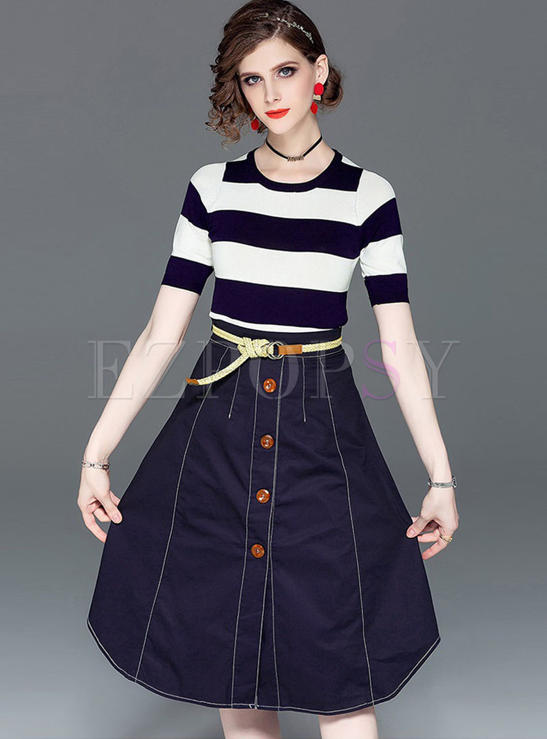 Striped O-neck Knitted Top & High Waist Slit Skirt