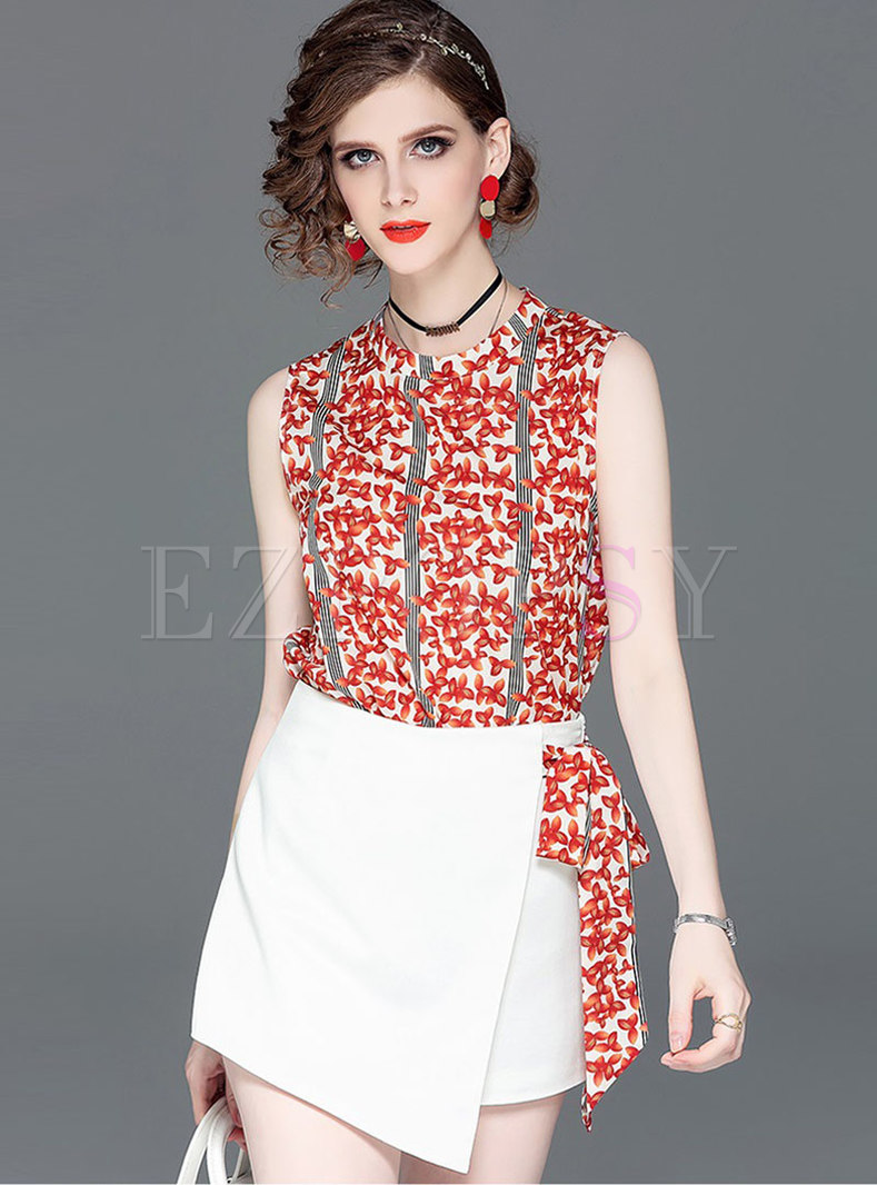 Floral Stand Collar Sleeveless Top & Asymmetric Slim Skirt