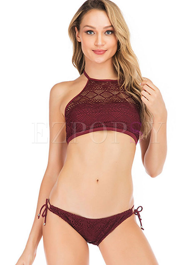 Sexy Halter Lace Hollow Out Bikini