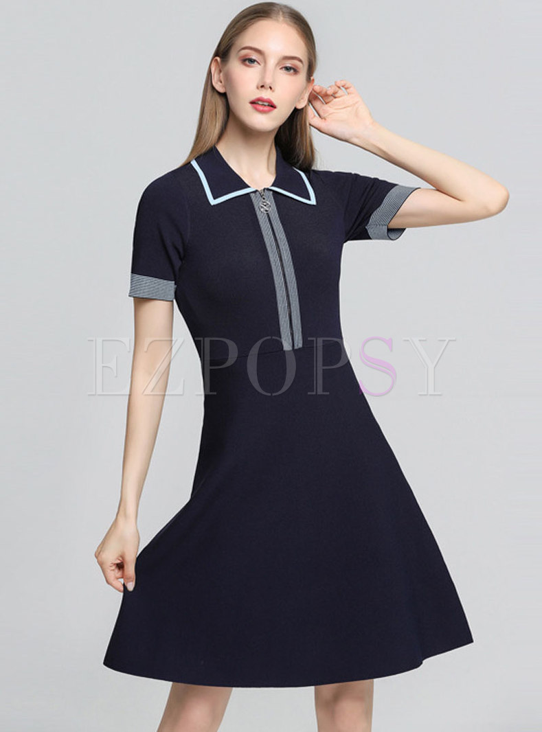 All-matched Turn-down Collar Knitted Skater Dress