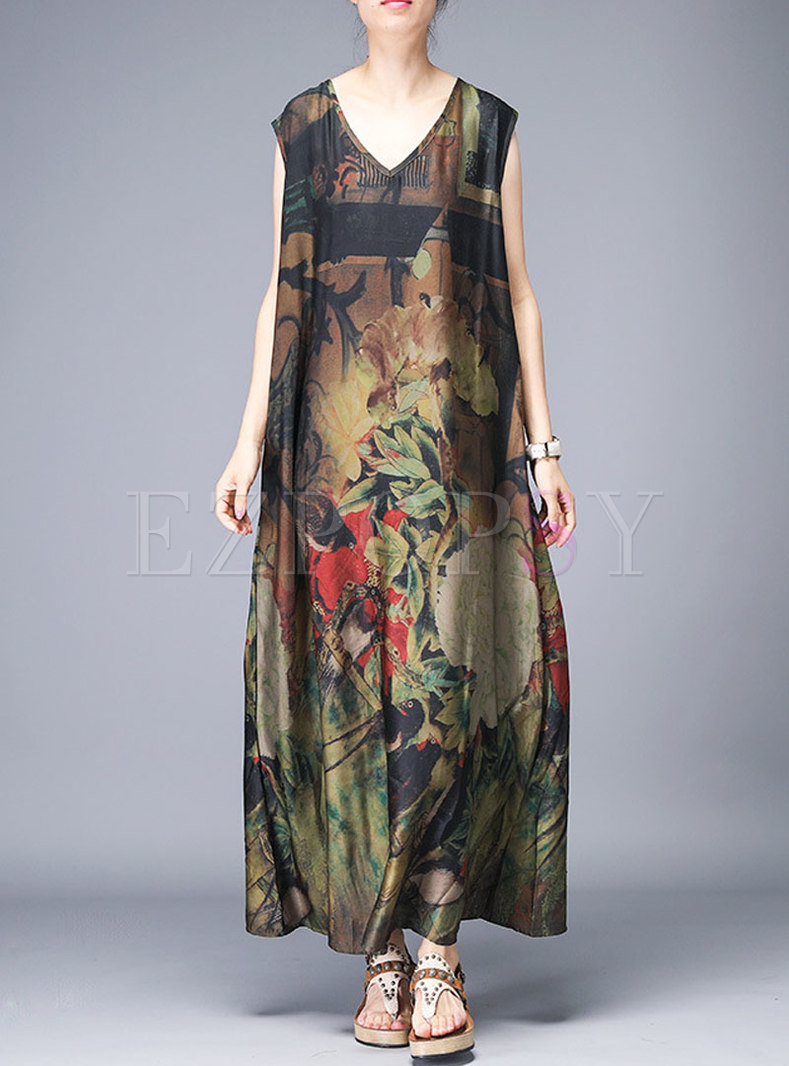 Vintage V-neck Print Sleeveless Silk Maxi Dress