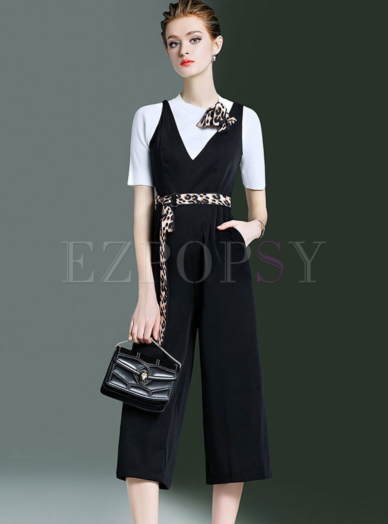 Bowknot O-neck Pullover T-shirt & Wide Leg Overalls