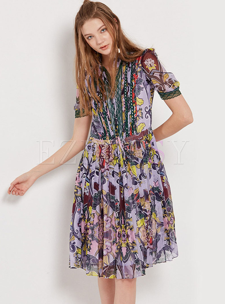 Stylish Multi-color Floral Print Chiffon Skater Dress