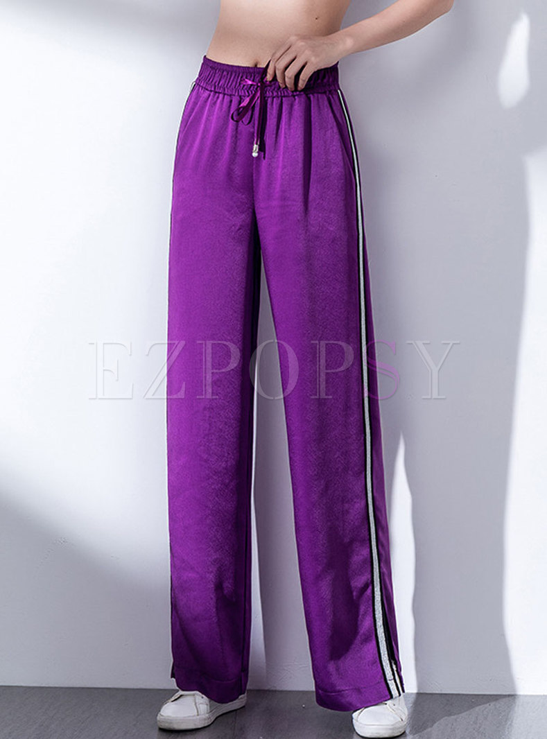 Tied Split Purple Thin Straight Wide Leg Pants