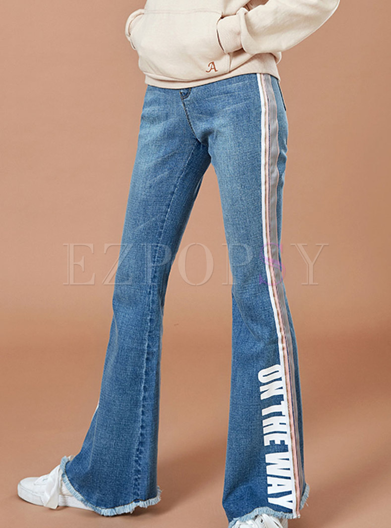 High Waisted Letter Print Rough Selvedge Jeans