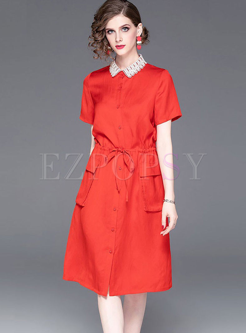 Elegant Red Color-blocked Lapel Shirt Dress
