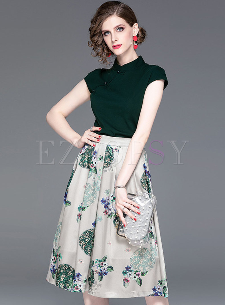 Solid Color Mandarin Collar Top & Print Skirt
