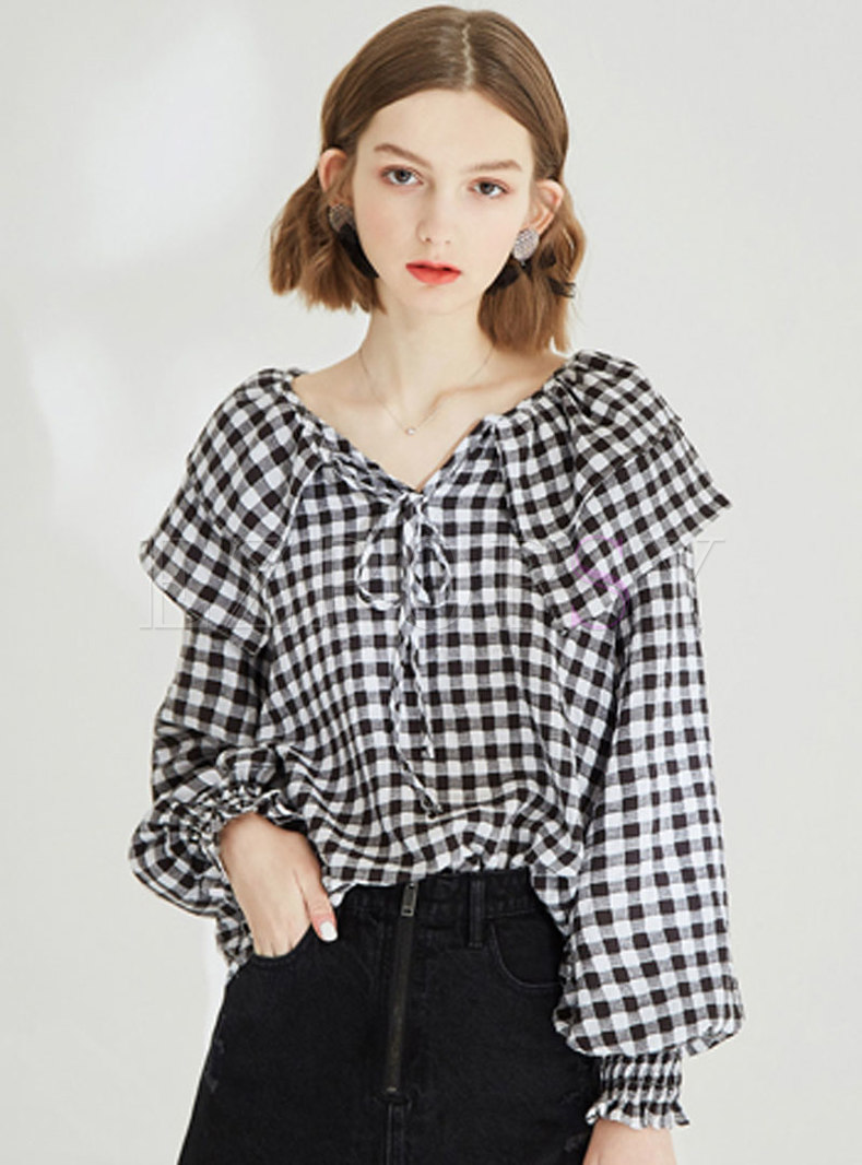 Chic Tied Plaid Lantern Sleeve Pullover Blouse