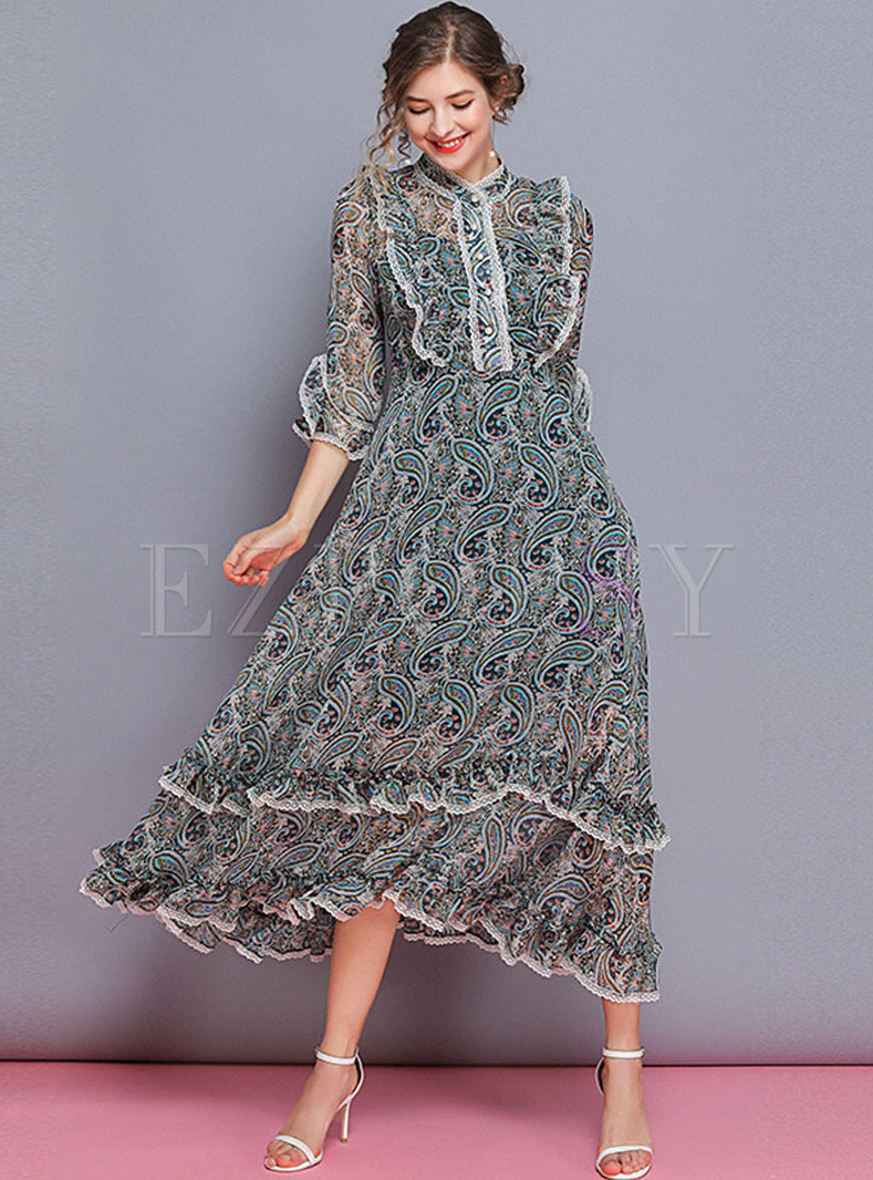 Vintage Print Falbala Hem Lace Casual Maxi Dress