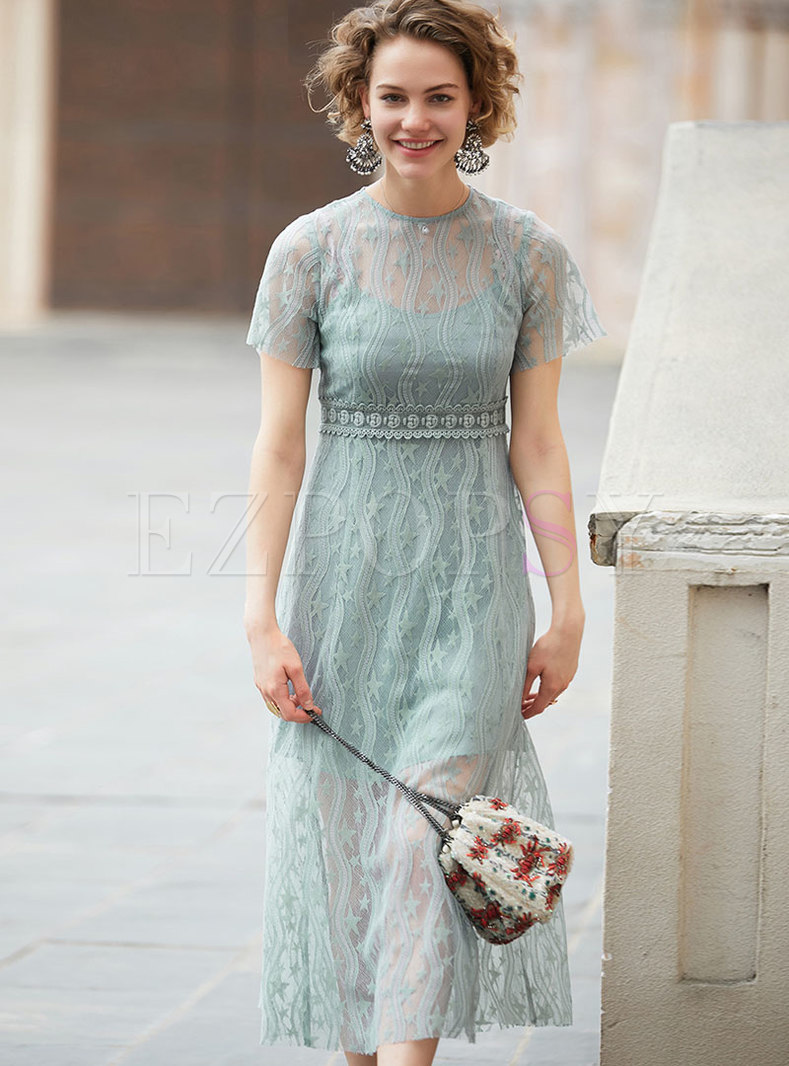 Solid Color Lace High Waist Retro A Line Dress