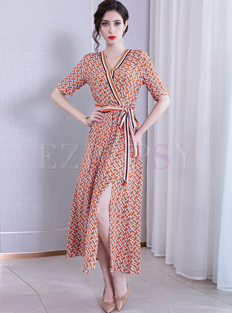 Stylish Print V-neck Tie-waist Slit Maxi Dress
