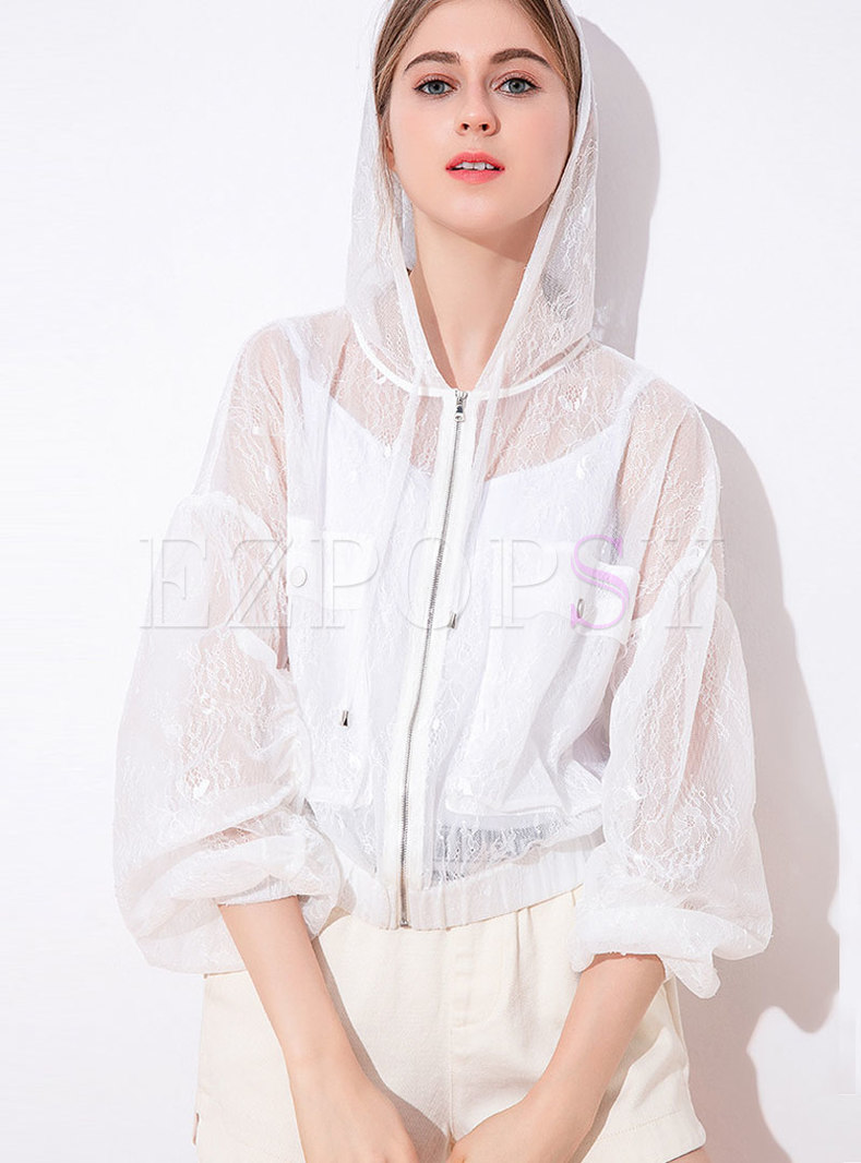 Solid Color Lace Loose Hollow Out Sun-proof Coat 