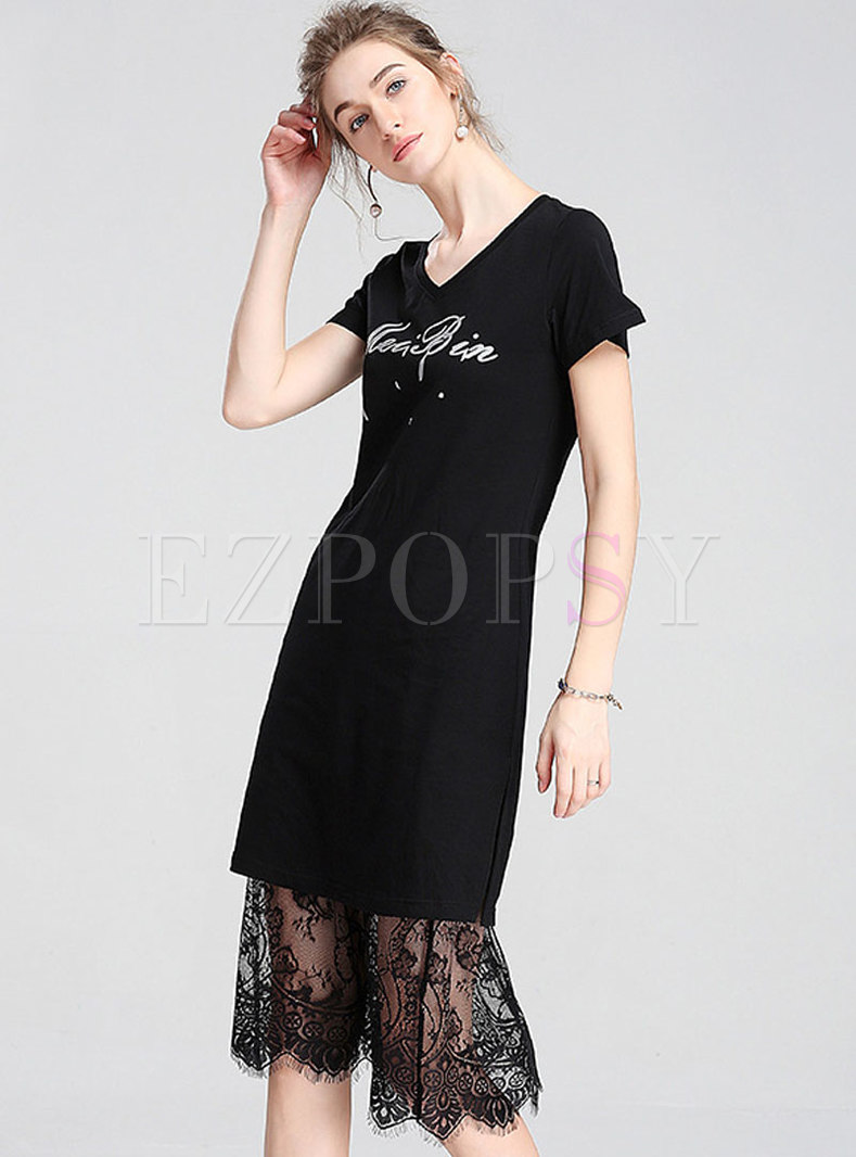 Brief Letter Print V-neck Black Slim T-shirt Dress