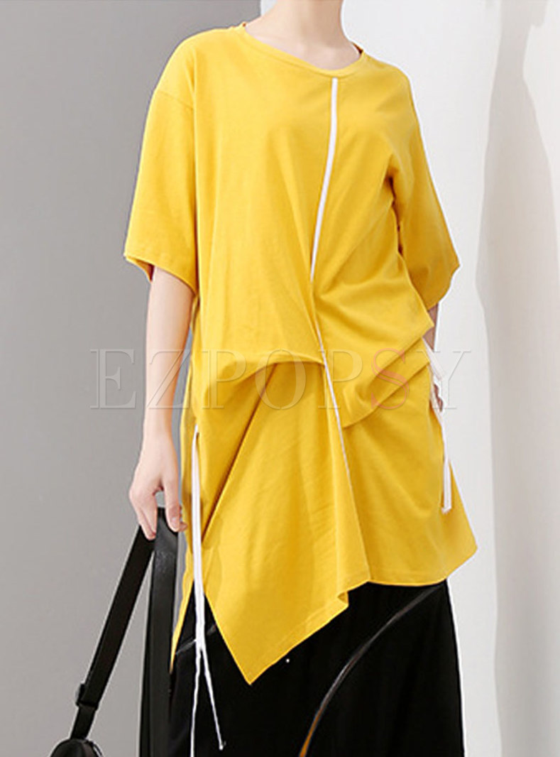 Chic O-neck Hem Pure Color Loose Casual T-shirt