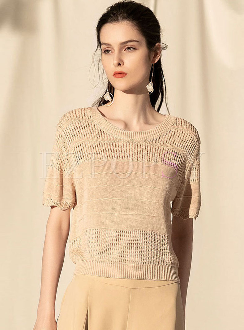 Casual Hollow Out Retro Apricot Loose Knitted Top