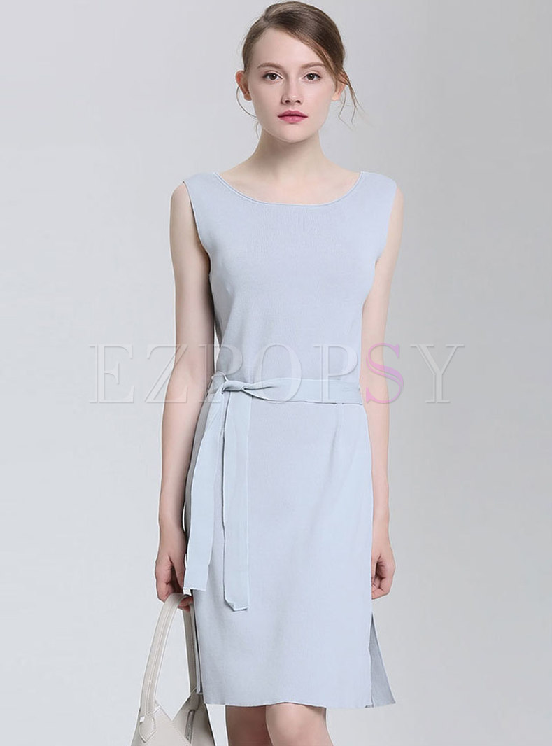 Solid Color O-neck Sleeveless Belted Split Knitted Dress