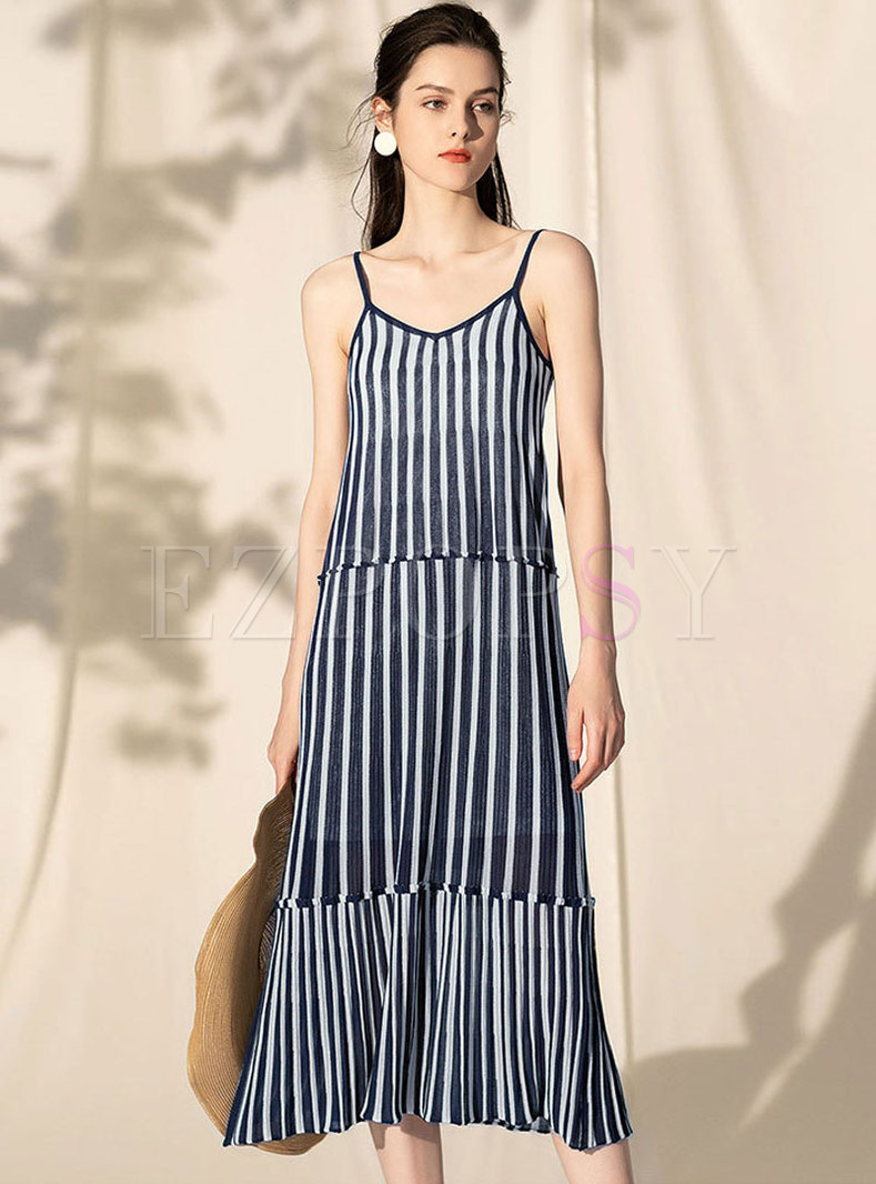 Chic Asymmetric Casual Backless Striped Slip Knitted Dress