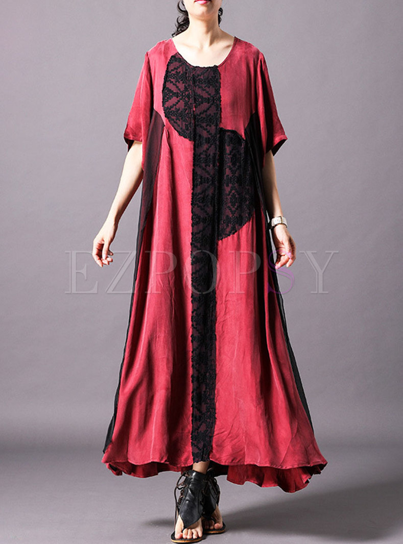 Dresses | Maxi Dresses | Color-blocked O-neck Half Sleeve Loose Maxi Dress