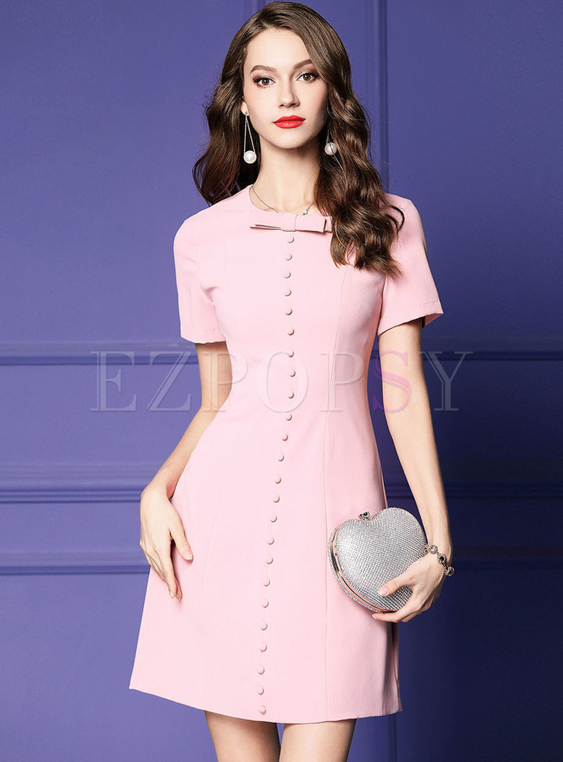 Sweet Pink Bowknot Short Sleeve Gathered Waist Mini Dress