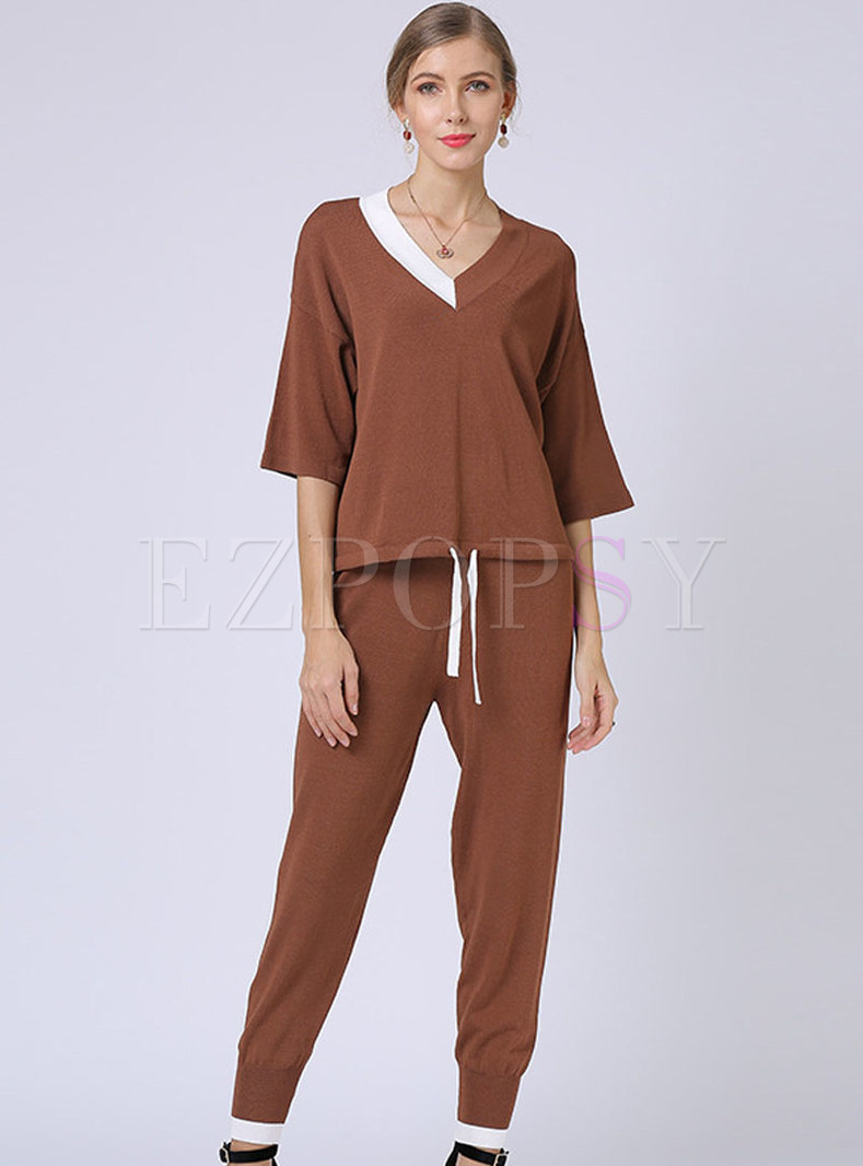V-neck Color-blocked Knitted Two-piece Pants Set
