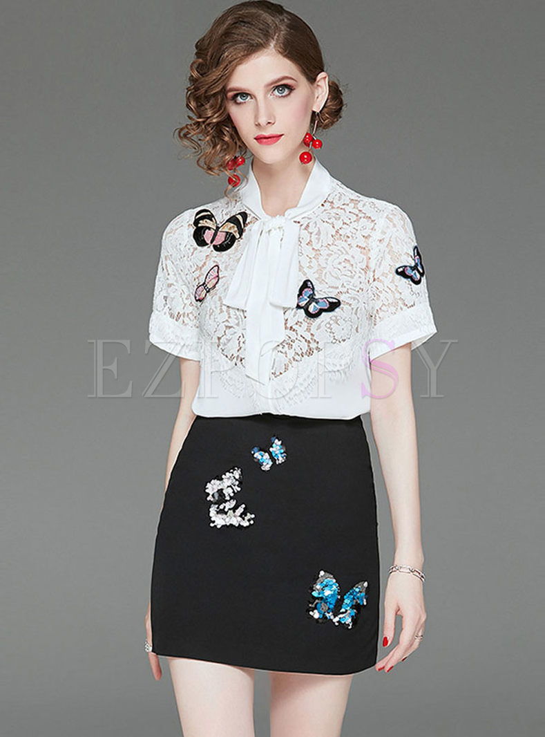 Fashion Embroidered Lace Blouse & Slim Bodycon Skirt