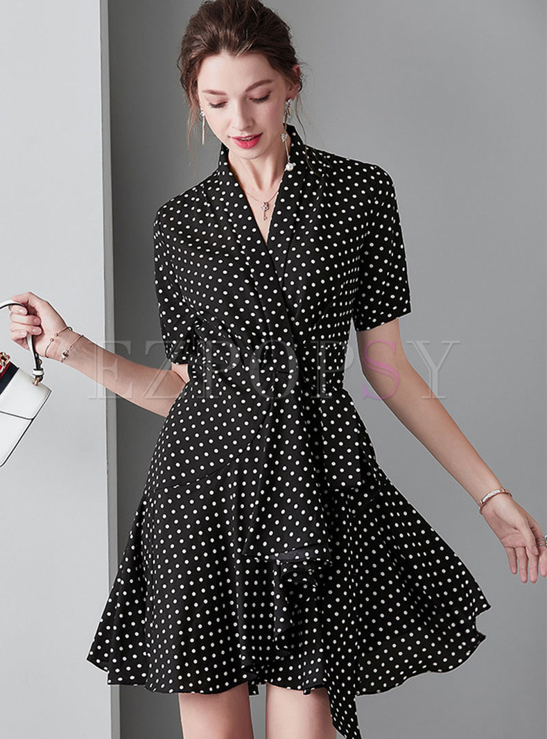 Polka Dot V-neck Tie-waist Asymmetric Mini Dress