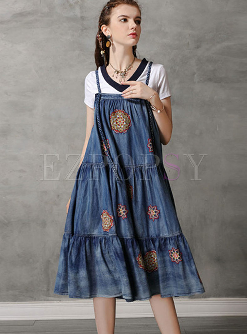 Stylish Embroidered Sleeveless Shift Denim Dress