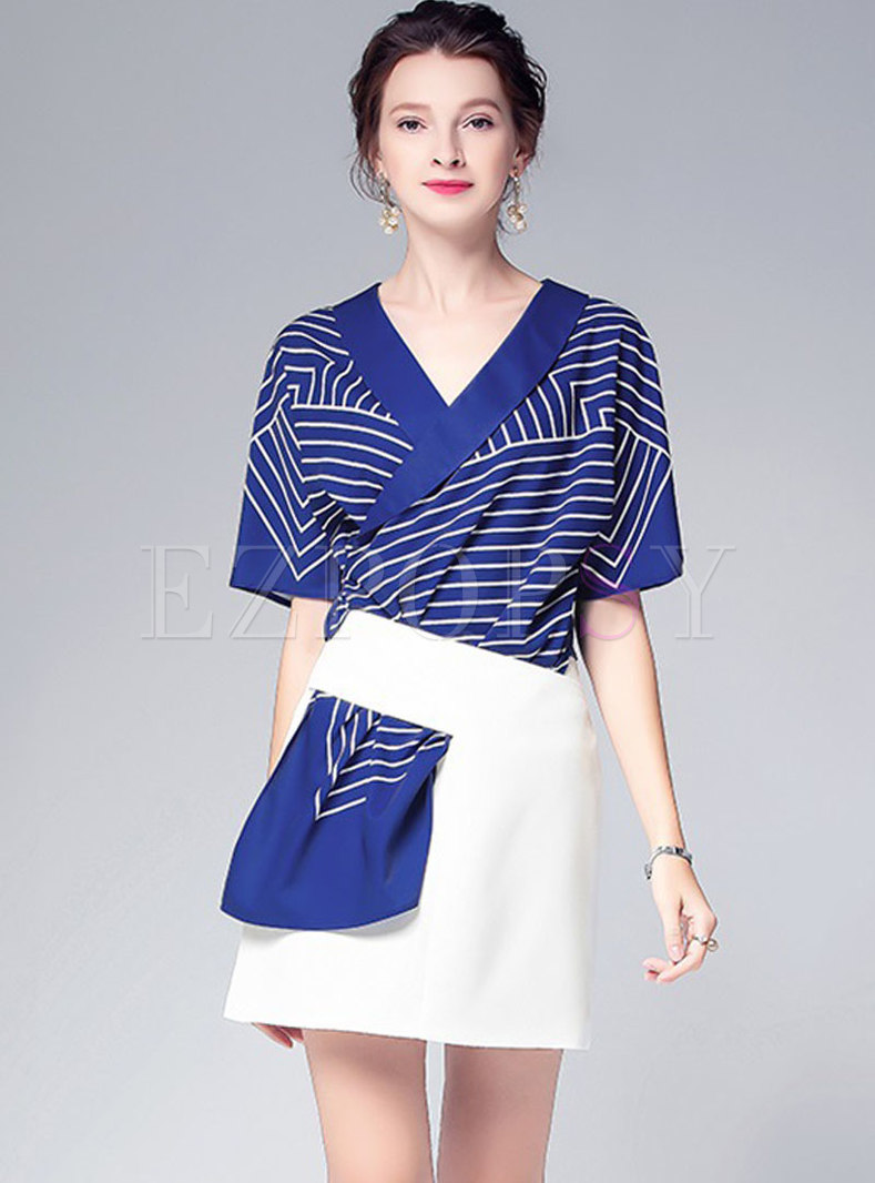 Stylish V-neck Striped Top & All-matched Sheath Skirt