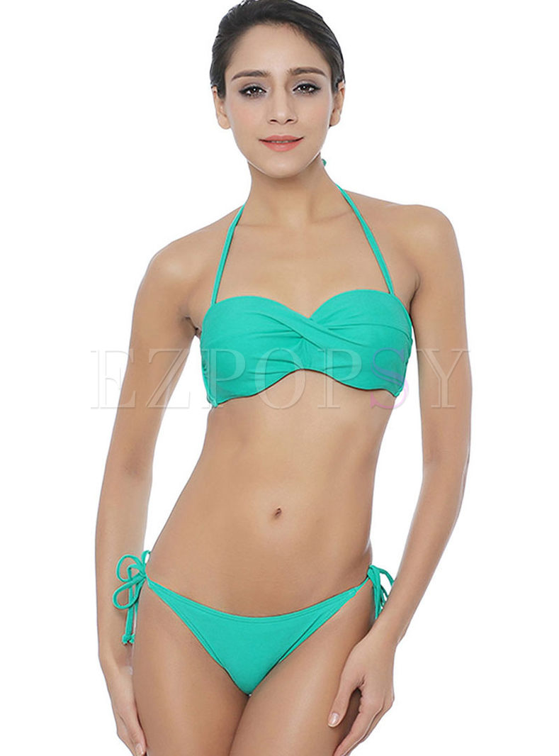 Brief Solid Color Halter Tied Bikini