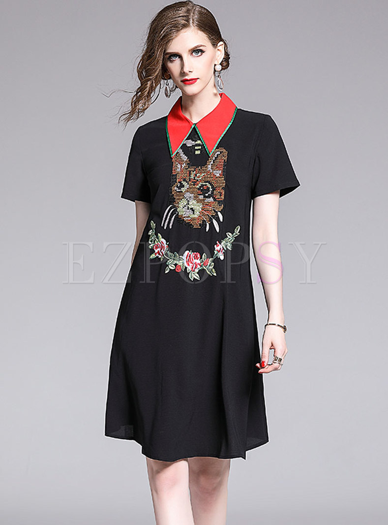 Trendy Cartoon Embroidered Turn-down Collar A Line Dress