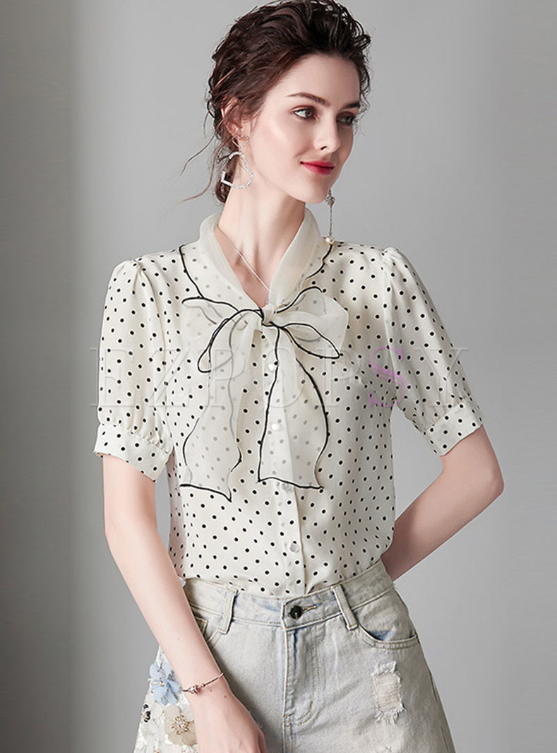 Polka Dot Tie-collar Single-breasted Blouse