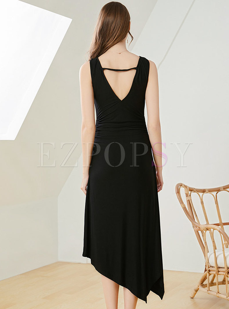 Dresses Skater Dresses Sexy V Neck Sleeveless Asymmetric Slim Dress