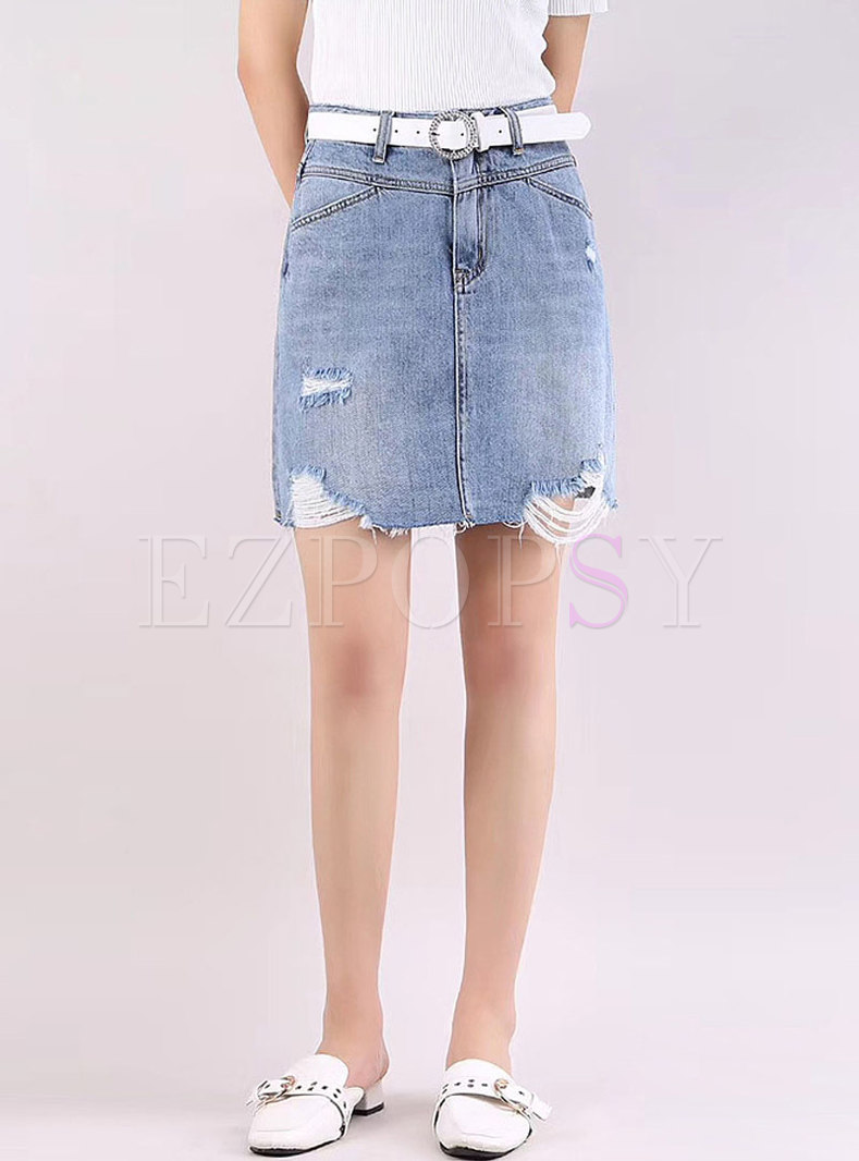 Chic Denim Shredded Rough Selvedge Slim Skirt