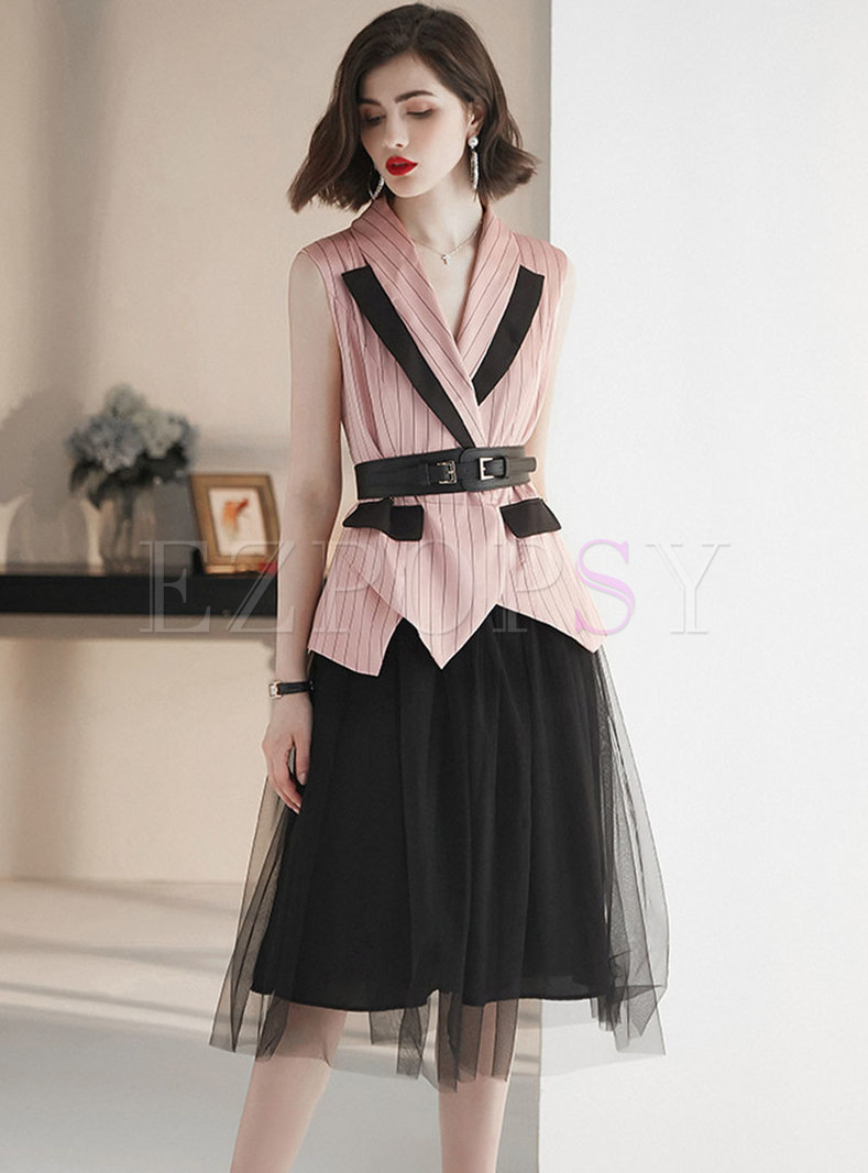 Striped Notched Asymmetric Blazer & Mesh Skirt