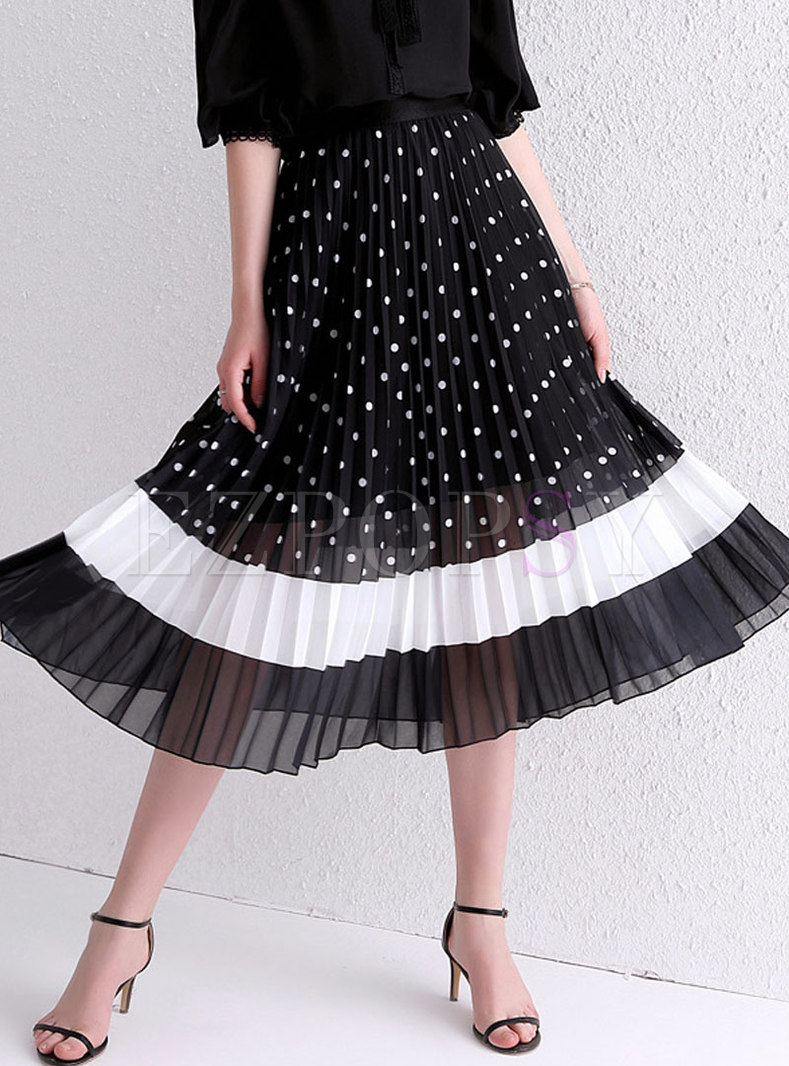 Dots Pattern Color-blocked Splicing Pleated Chiffon Skirt