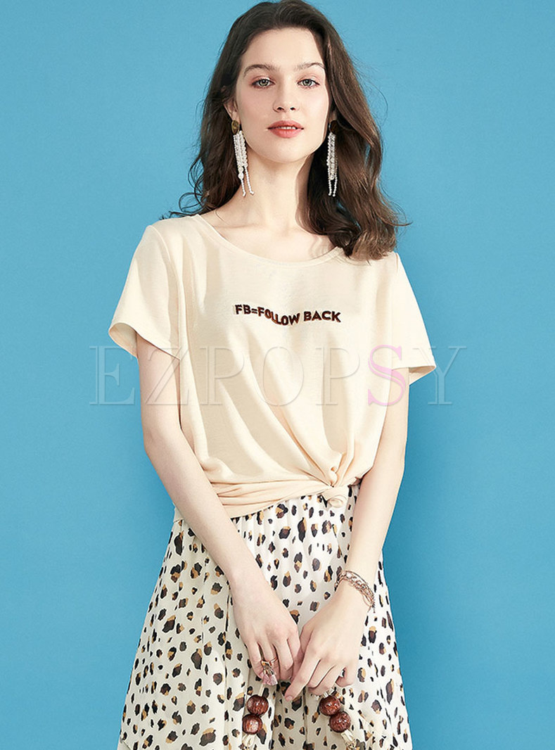 Casual O-neck Pullover Letter Embroidered T-shirt