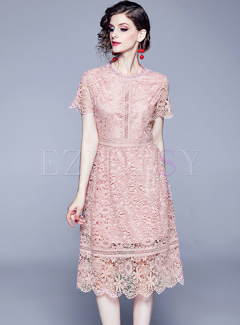 Summer O-neck Hollow Out Lace Pure Color Skater Dress