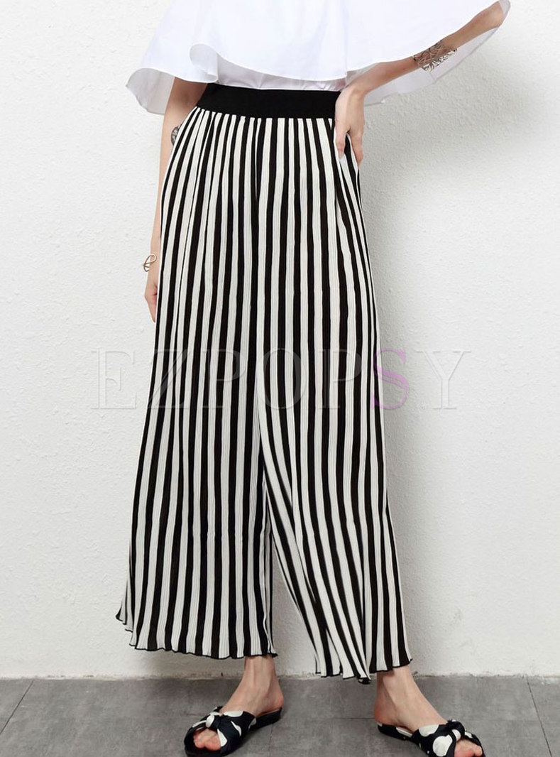 Trendy Elastic Waist Stripe Wide Leg Long Pants