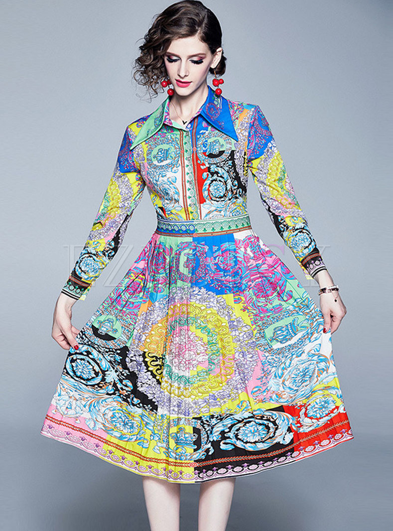Color-blocked Lapel Floral Print Skater Dress