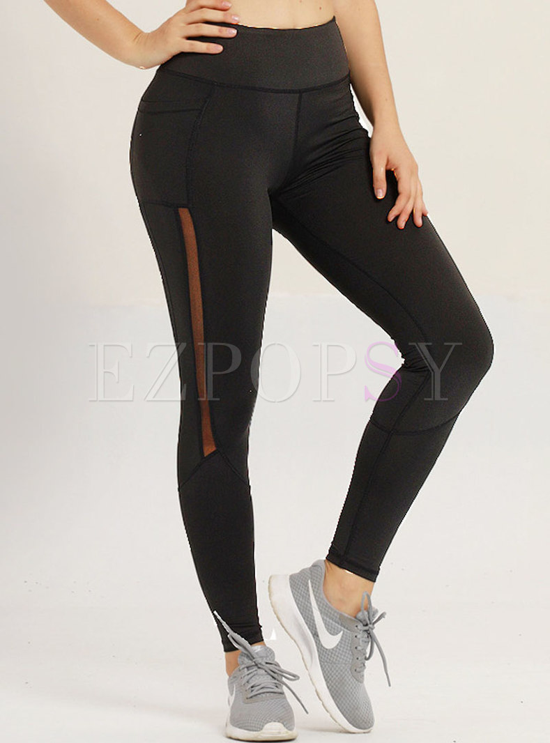 Solid Color See-though Breathable Splicing Tight Yoga Pants