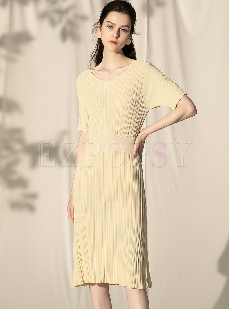 Brief O-neck Pure Color All-matched Knitted Dress