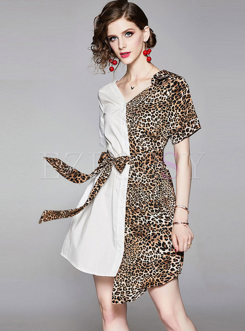 Summer V-neck Leopard Splicing Tie-Waist Dress