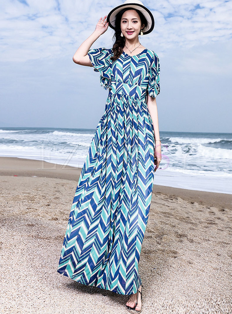 Chic Print V-neck Gathered Waist Beach Maxi Dress