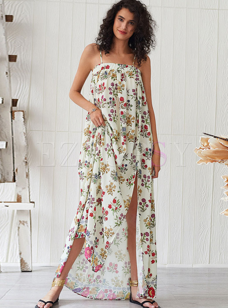 Fashion Sleeveless Floral Slit Shift Maxi Dress