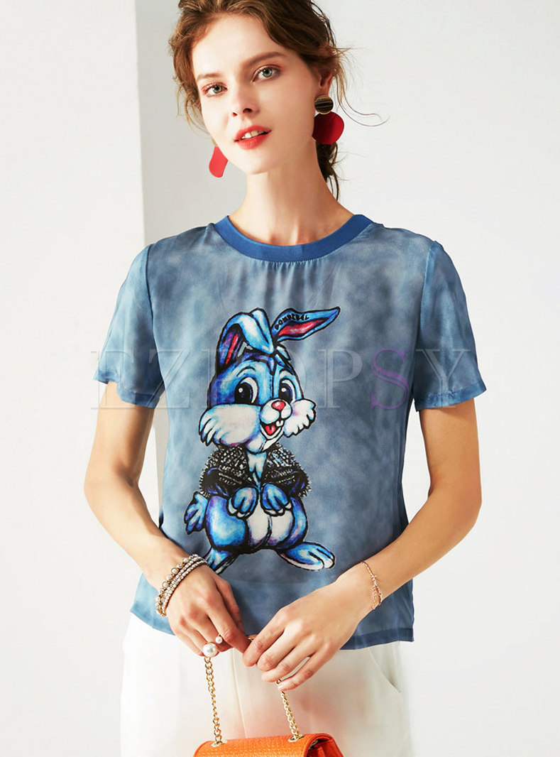 Stylish Cartoon Animal Print Silk T-shirt