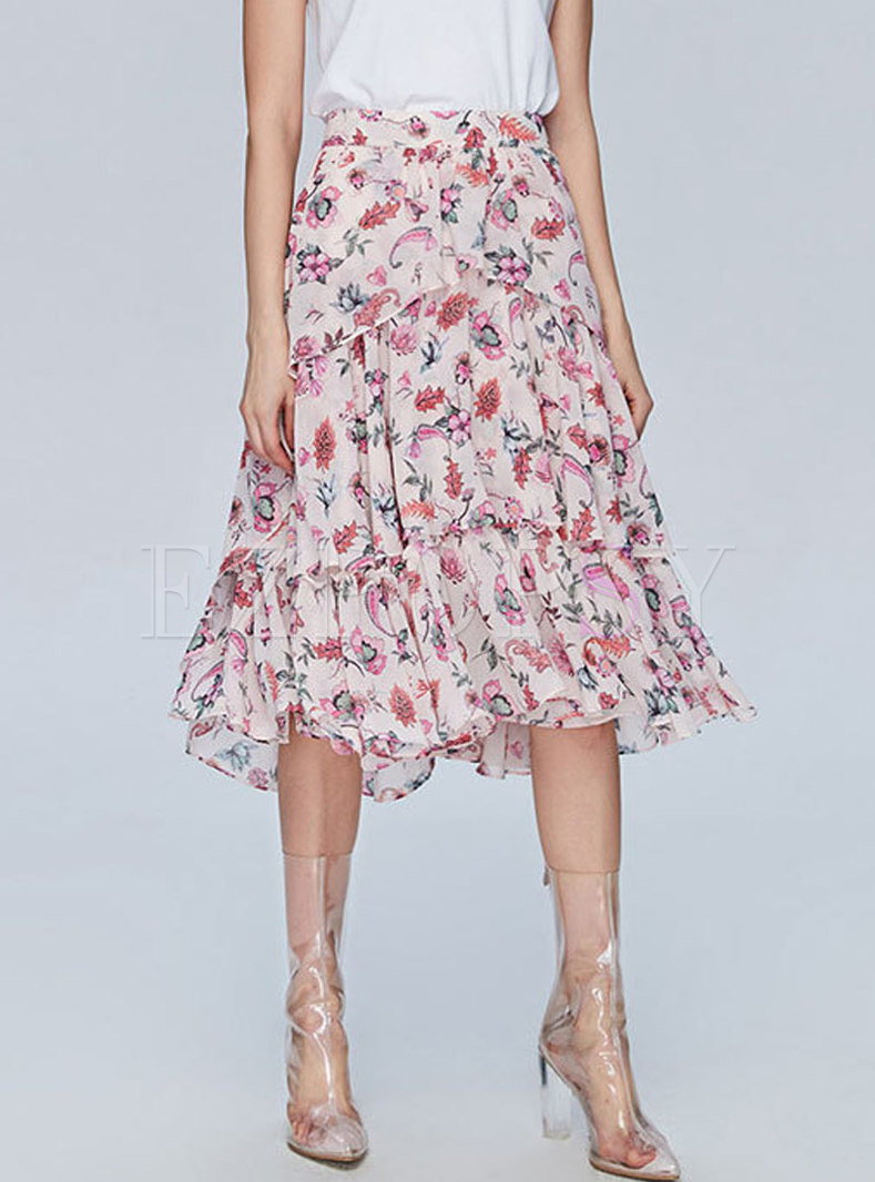 Fashion Floral Print Summer Chiffon Cake Skirt