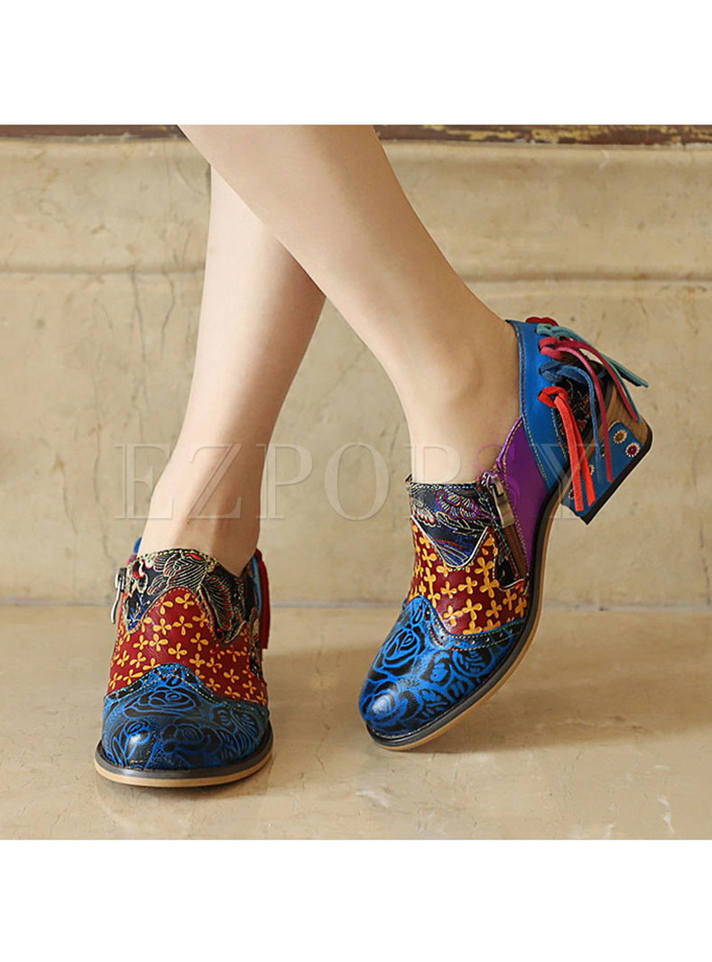 Fashion Print Tassel Splicing Leather Shoes