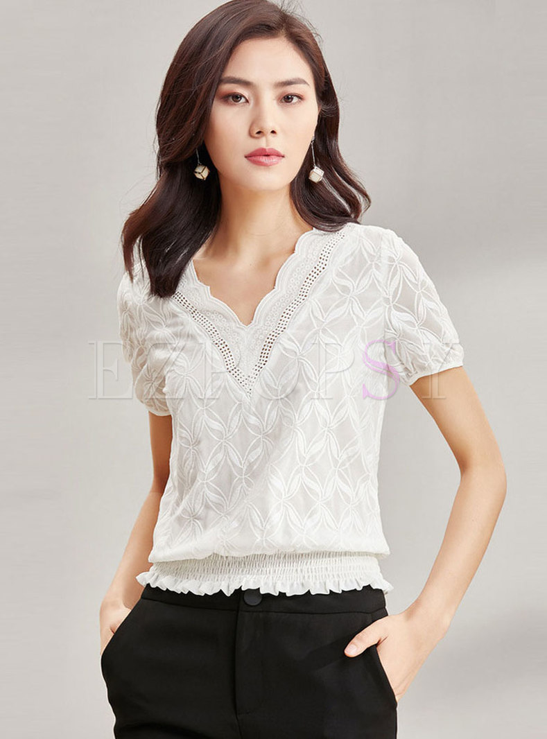 Casual V-neck Solid Color Waist Blouse